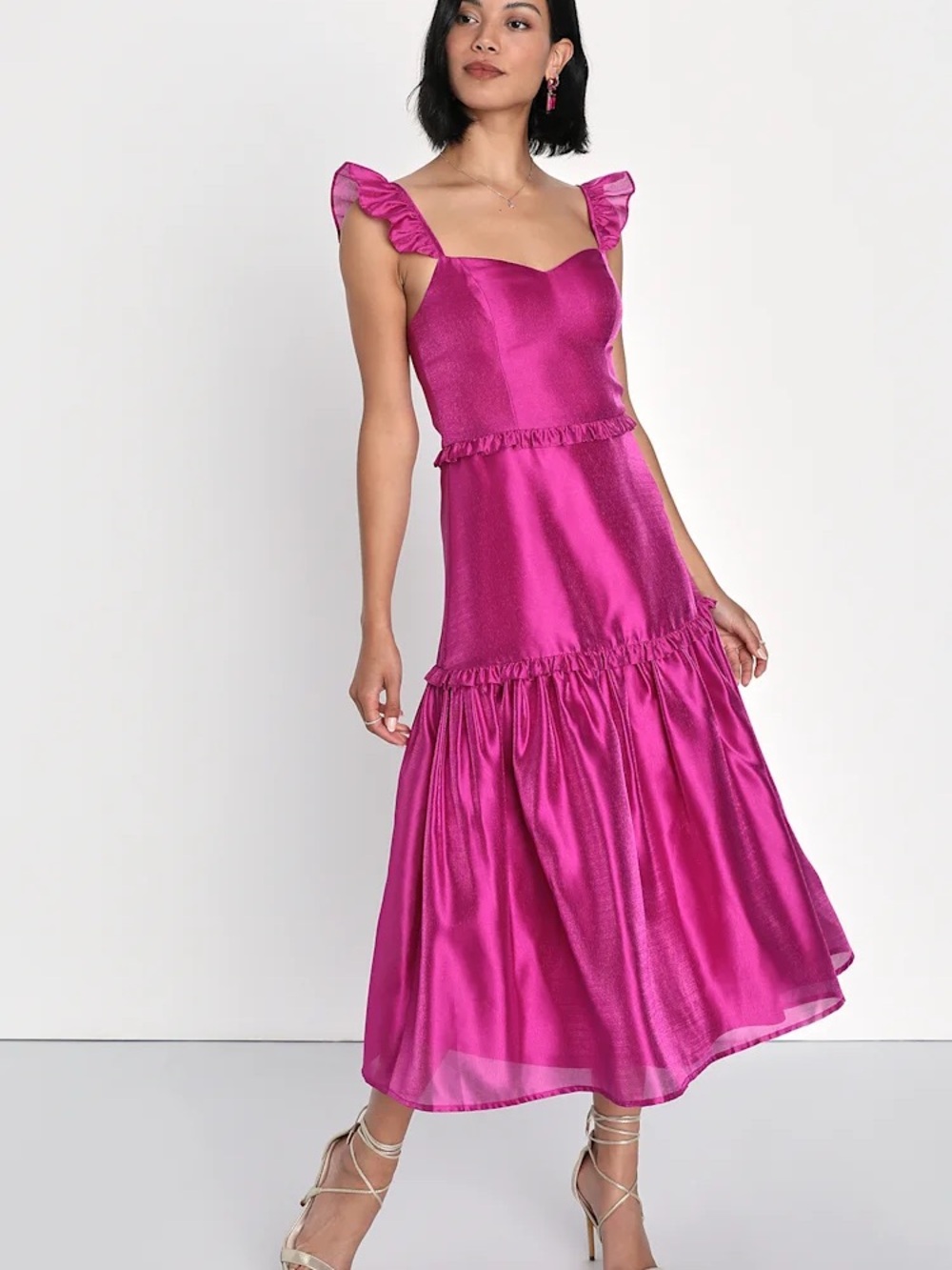 Lulus Effervescent Aesthetic Magenta Tiered Ruffle Midi Dress Wedding Guest L